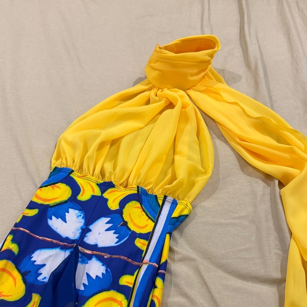 Vibrant Yellow and Blue Halter Dress